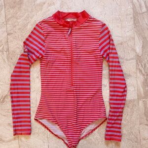 Mini Boden Swimsuit Kids 13-14Y Red Purple Striped Rash Guard Long Sleeve Zip